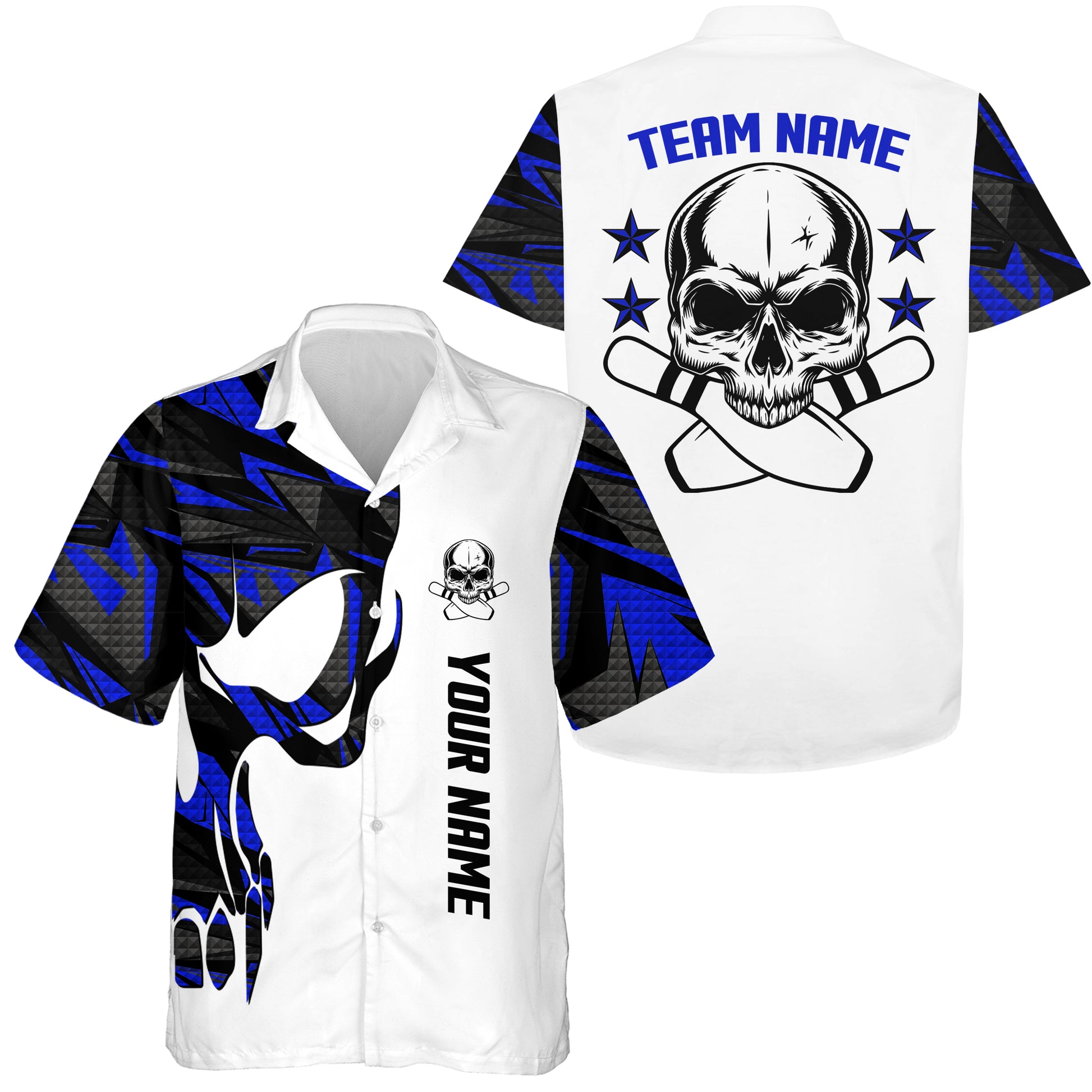 Custom Blue white Hawaiian bowling shirt for bowling – personalized team jersey front view