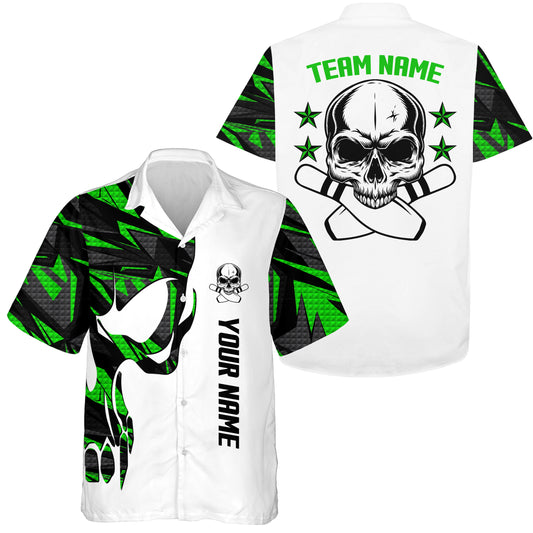 Custom Green white Hawaiian bowling shirt for bowling – personalized team jersey front view