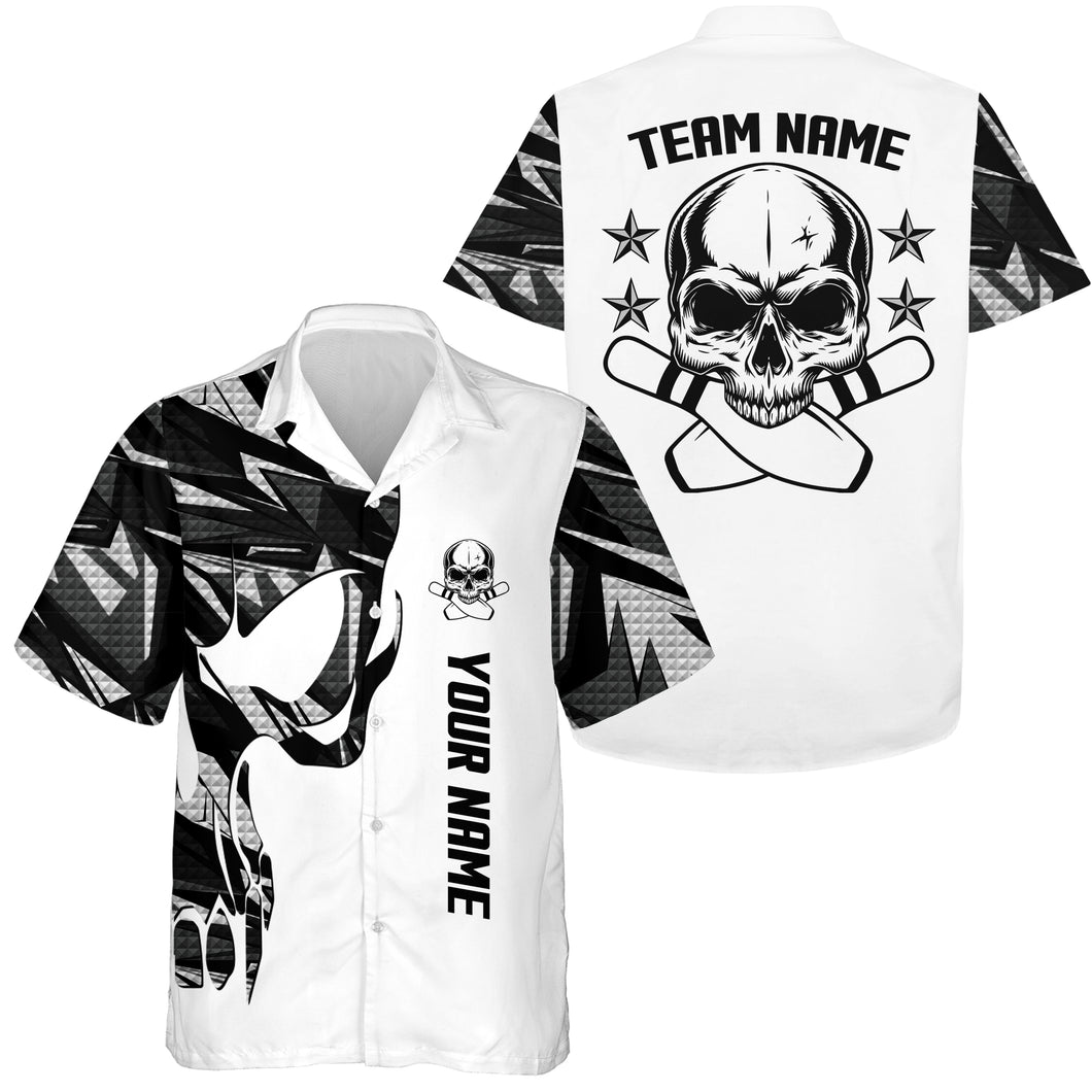 White camo Bowling Hawaiian Shirt custom name and team name Skull Bowling, team bowling shirts NQS4699
