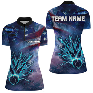 Personalized American flag blue lightning thunder Bowling shirts For Women Custom Team Bowling Jerseys NQS7686