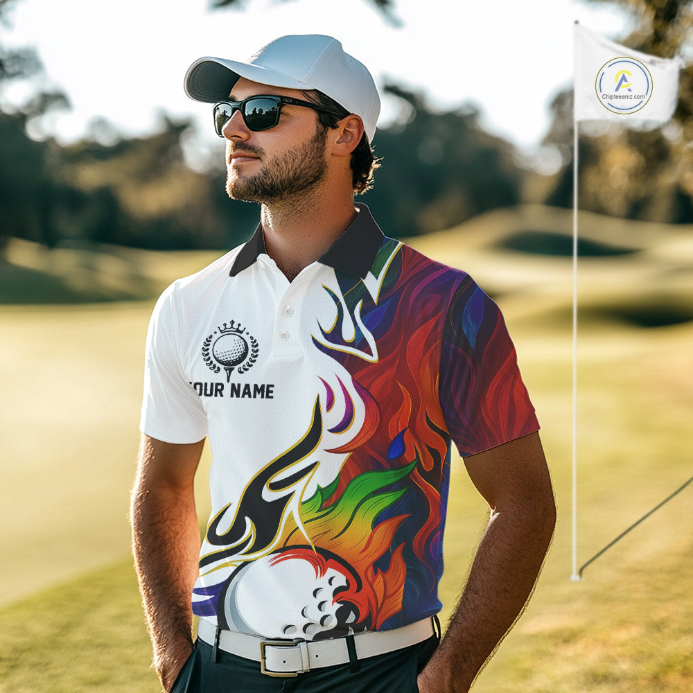 Colorful Rainbow Flame golf ball Mens golf polo shirts custom team golf jerseys, golf attire for men NQS10399