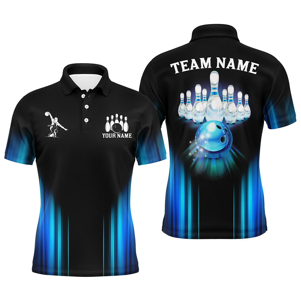 Black and Blue Light Bowling Polo, 1/4 Zip Shirts For Men Custom Bowling Team Jerseys, Bowler Outfit NQS9131