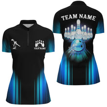 Load image into Gallery viewer, Black and Blue Light Bowling Polo, 1/4 Zip Shirts For Women Custom Bowling Team Jerseys, Bowler Outfit NQS9131