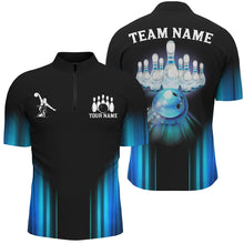 Load image into Gallery viewer, Black and Blue Light Bowling Polo, 1/4 Zip Shirts For Men Custom Bowling Team Jerseys, Bowler Outfit NQS9131