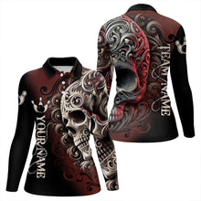 Load image into Gallery viewer, Red and Black Skull Scroll Women Bowling Polo, Quarter Zip Shirts Custom Skull Team bowling Jersey NQS9331