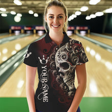 Load image into Gallery viewer, Red and Black Skull Scroll Women Bowling Polo, Quarter Zip Shirts Custom Skull Team bowling Jersey NQS9331