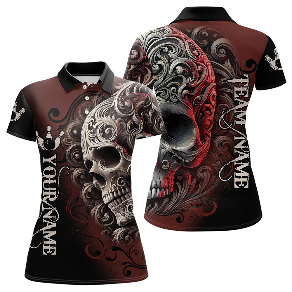 Red and Black Skull Scroll Women Bowling Polo, Quarter Zip Shirts Custom Skull Team bowling Jersey NQS9331