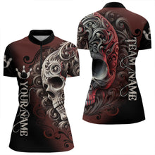 Load image into Gallery viewer, Red and Black Skull Scroll Women Bowling Polo, Quarter Zip Shirts Custom Skull Team bowling Jersey NQS9331