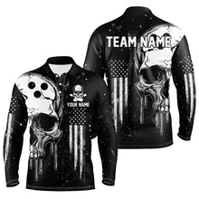 Load image into Gallery viewer, Personalized Black and White grunge American Flag Skull Bowling Team Shirts, Patriotic Bowling Jerseys NQS8601