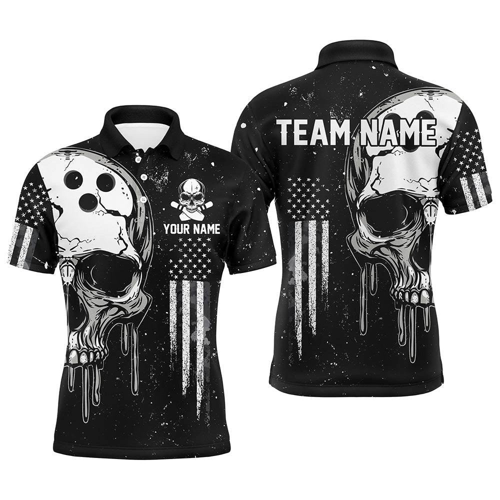 Personalized Black and White grunge American Flag Skull Bowling Team Shirts, Patriotic Bowling Jerseys NQS8601