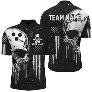 Personalized Black and White grunge American Flag Skull Bowling Team Shirts, Patriotic Bowling Jerseys NQS8601