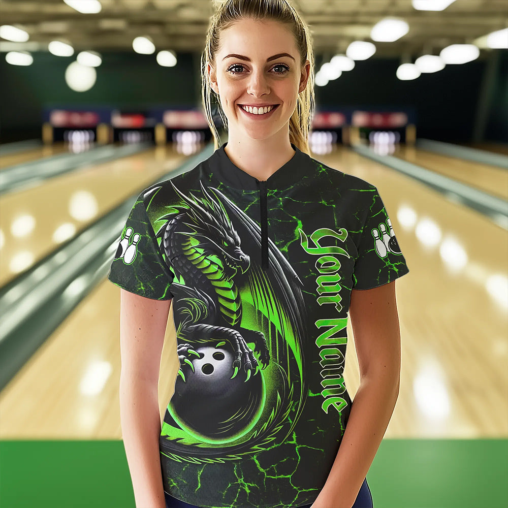 Black And Green Custom Dragon Bowling Shirts For Women, Dragon Bowling Team Shirts NQS9477