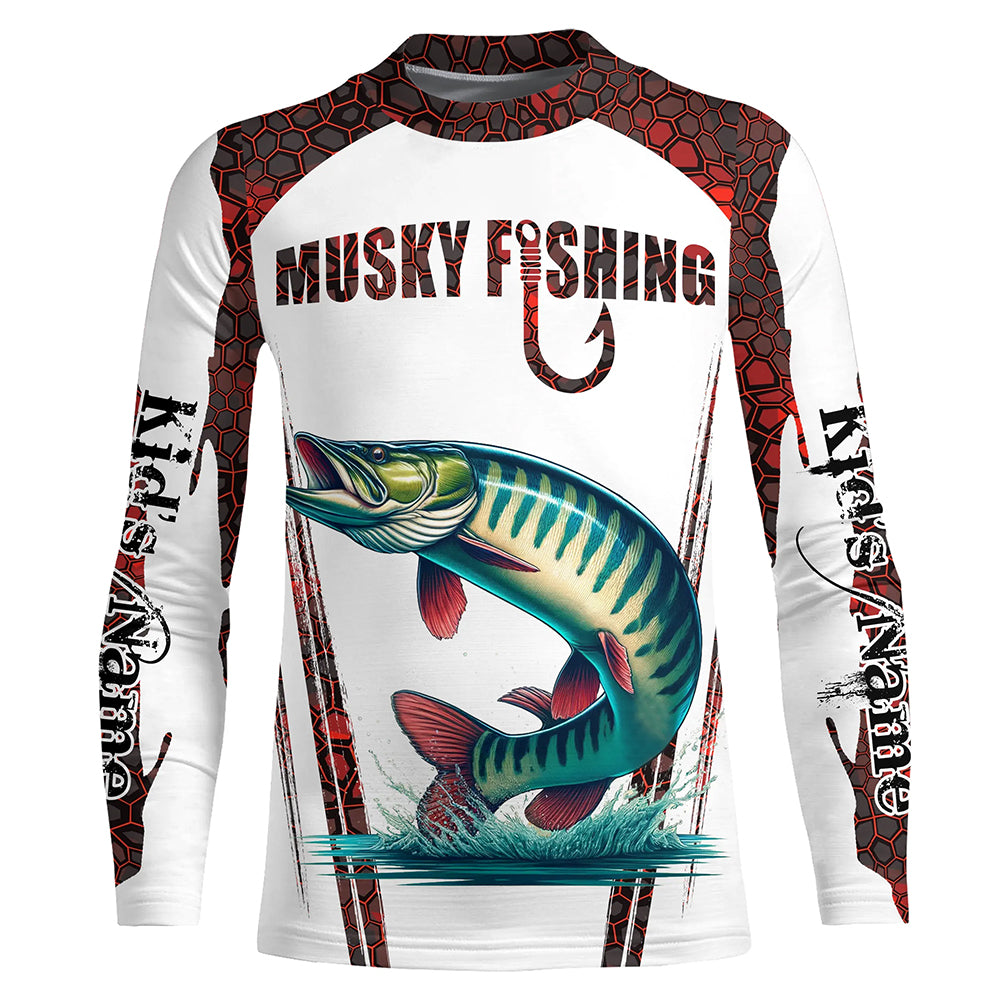 Musky fishing red camo Custom Name 3D Fishing Shirts UV Protection Gift For Fisherman NQS5167