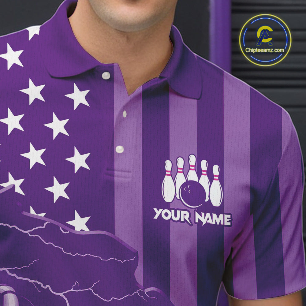 Personalized Purple American flag Lightning thunder Custom Bowling Team Shirts For Mens Bowling Jersey NQS9858