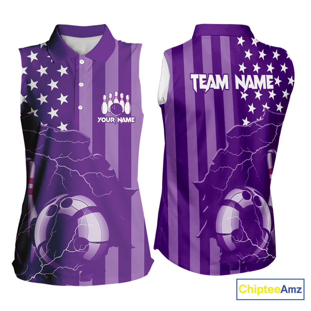 Personalized Purple American flag Lightning thunder Custom Women Bowling Sleeveless Polo shirt Jersey NQS9858