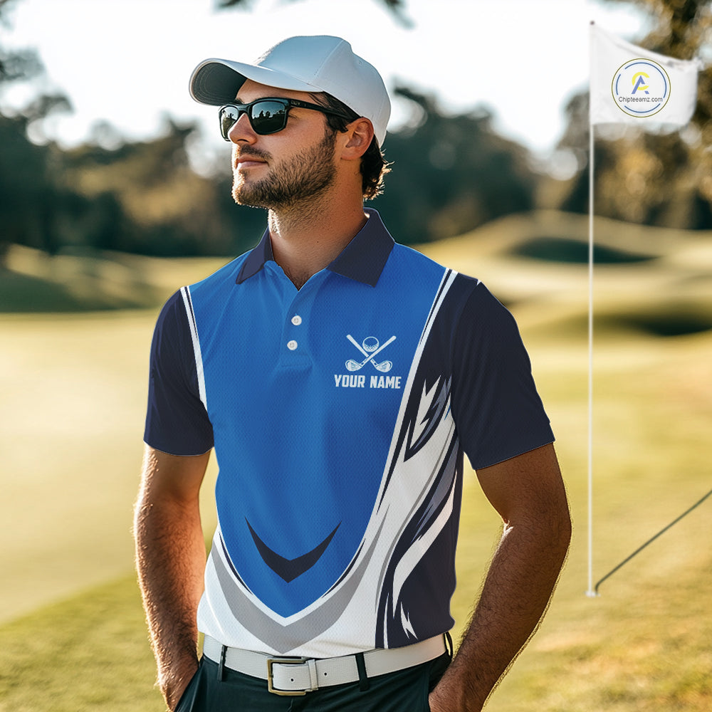 Blue and white Mens golf polo shirts custom golf attire for men, gifts for golf lovers NQS10085