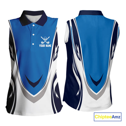 Blue and white Women sleeveless golf polo shirt custom golf attire for ladies, gifts for golf lovers NQS10085