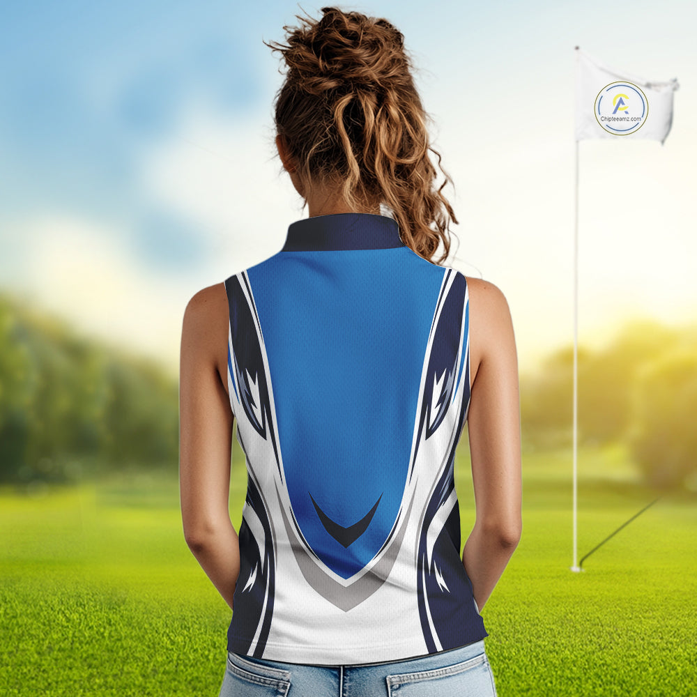 Blue and white Women sleeveless golf polo shirt custom golf attire for ladies, gifts for golf lovers NQS10085