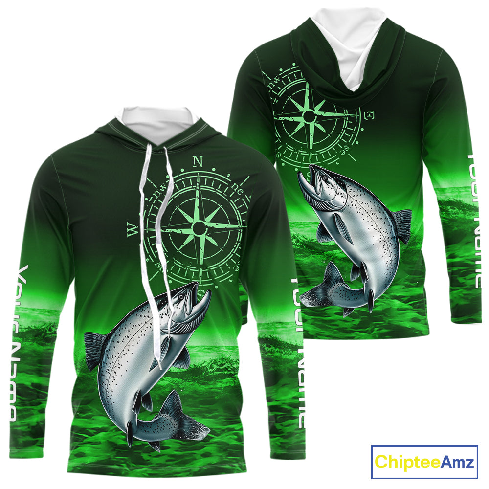 Personalized Salmon Green Performance Fishing Shirts, compass Salmon fishing tournament Shirts NQS10237