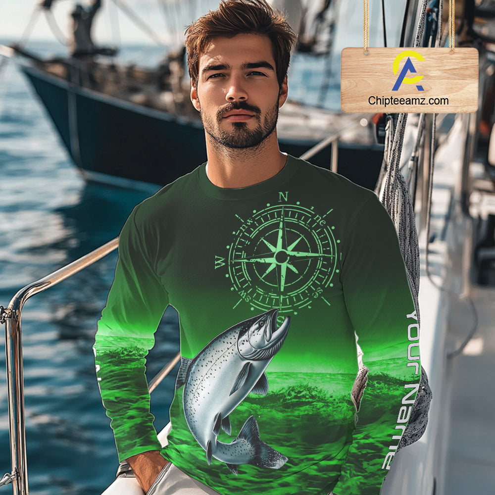 Personalized Salmon Green Performance Fishing Shirts, compass Salmon fishing tournament Shirts NQS10237