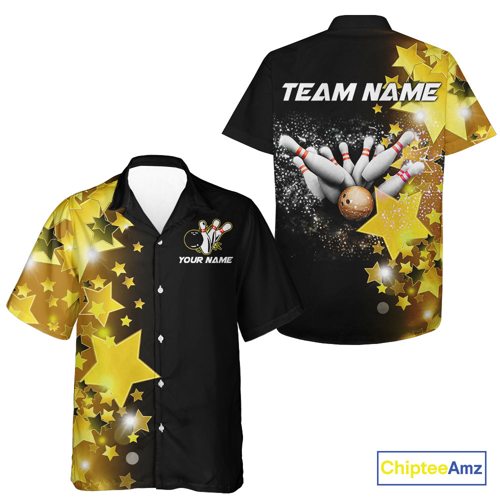Bowling Hawaiian Shirt Custom Gold Stars Bowling Team Bowlers Jersey NQS10599