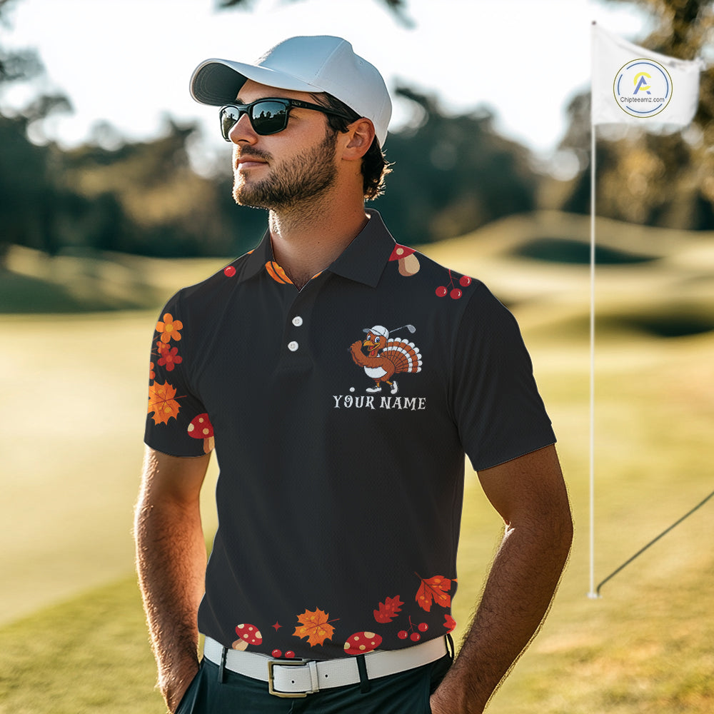 Funny black orange Thanksgiving pattern Golf Polo Shirt For Men custom Turkey golf tops NQS10838
