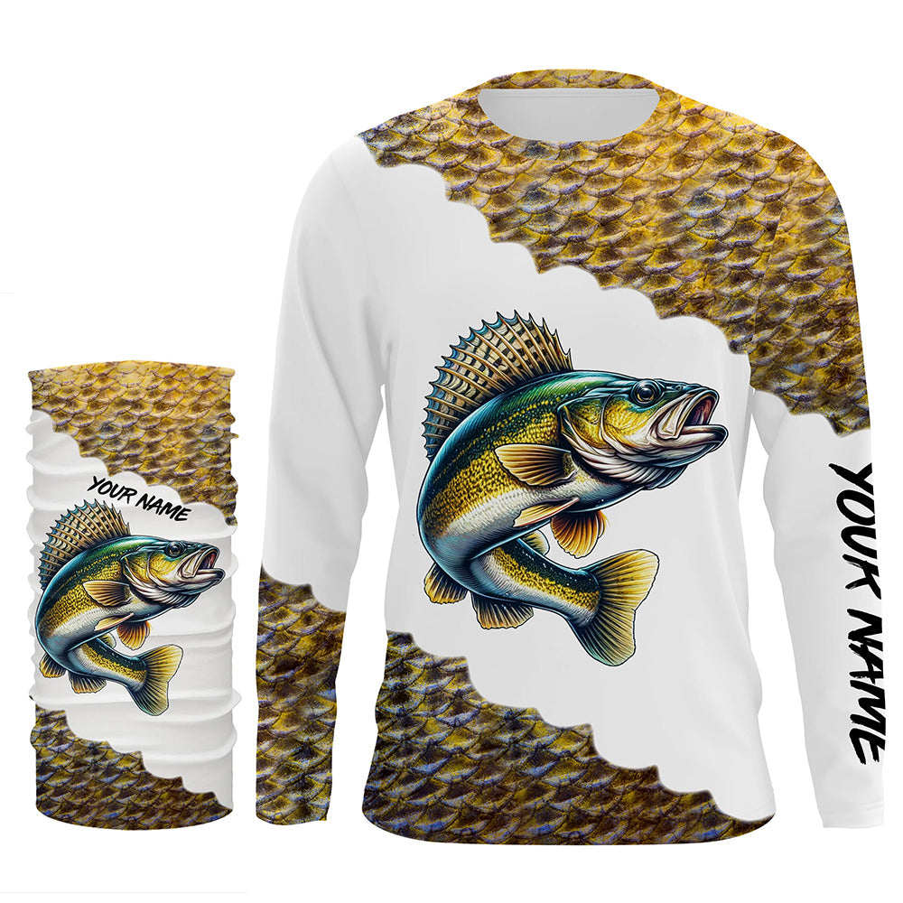 Walleye fishing scales shirts for men Customize name Performance Long Sleeve fishing apparel NQS1110