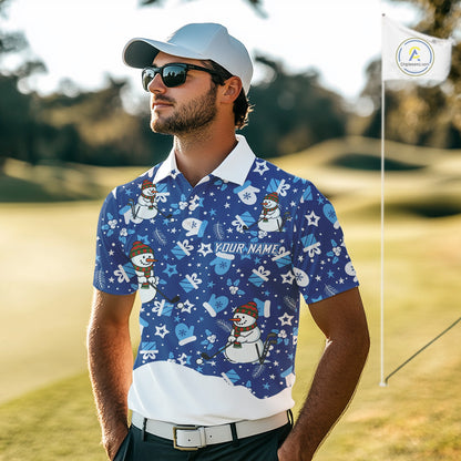Blue and White Snowman Christmas pattern Golf Polo shirts For men Custom mens Christmas golf shirts NQS11004