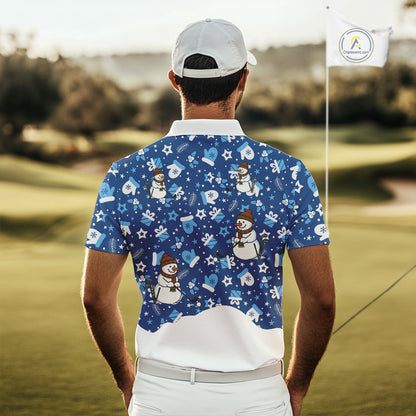Blue and White Snowman Christmas pattern Golf Polo shirts For men Custom mens Christmas golf shirts NQS11004