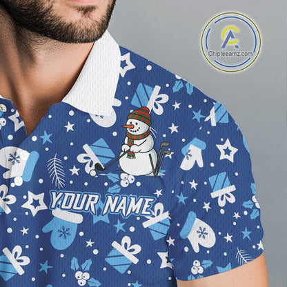 Blue and White Snowman Christmas pattern Golf Polo shirts For men Custom mens Christmas golf shirts NQS11004