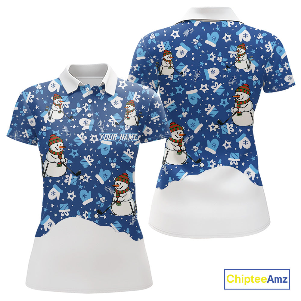 Blue and White Snowman Christmas pattern Golf Polo shirt For women Custom ladies Christmas golf shirt NQS11004