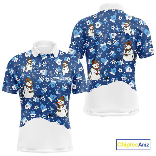Blue and White Snowman Christmas pattern Golf Polo shirts For men Custom mens Christmas golf shirts NQS11004