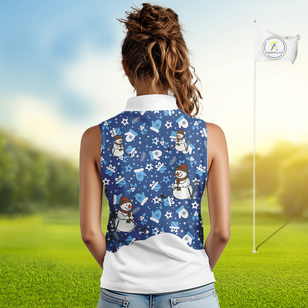 Blue & White Snowman Christmas pattern Sleeveless Golf Polo shirt Custom ladies Christmas golf shirts NQS11004