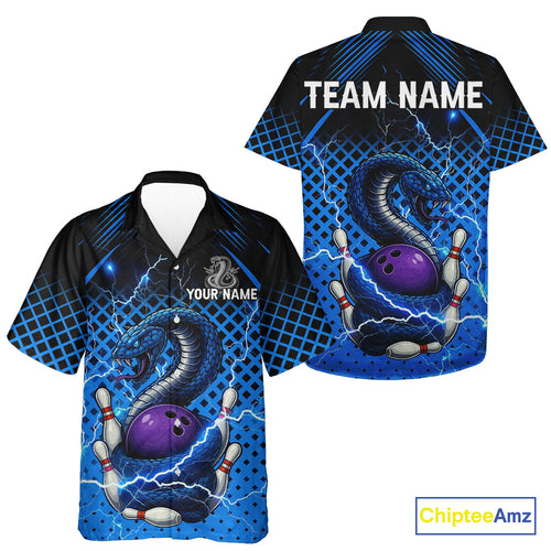 Black & Blue Lightning Thunder Cobra Snake Hawaiian Bowling Shirt Custom Bowling Team League Jersey NQS11006