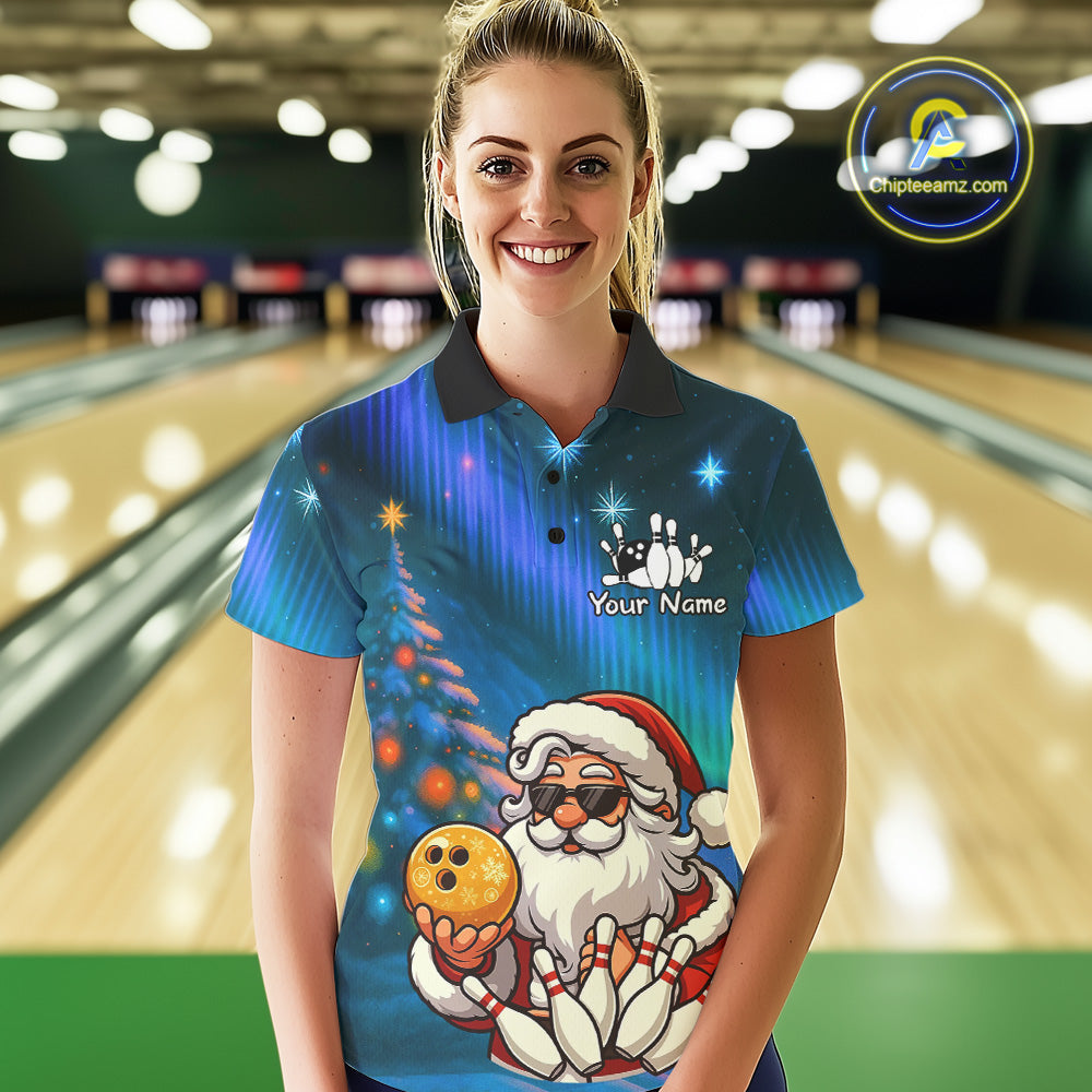 Funny Santa Christmas Bowling Shirts For Women Custom Blue Christmas Night Bowling Team Jersey NQS11010