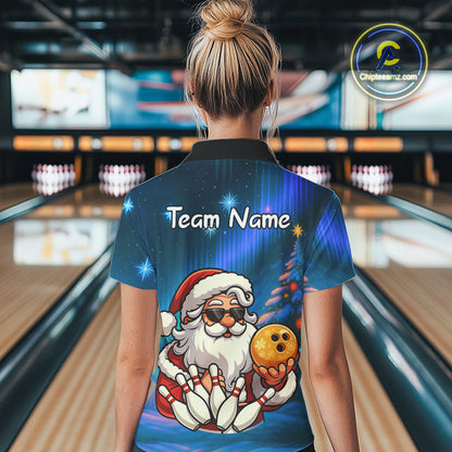 Funny Santa Christmas Bowling Shirts For Women Custom Blue Christmas Night Bowling Team Jersey NQS11010