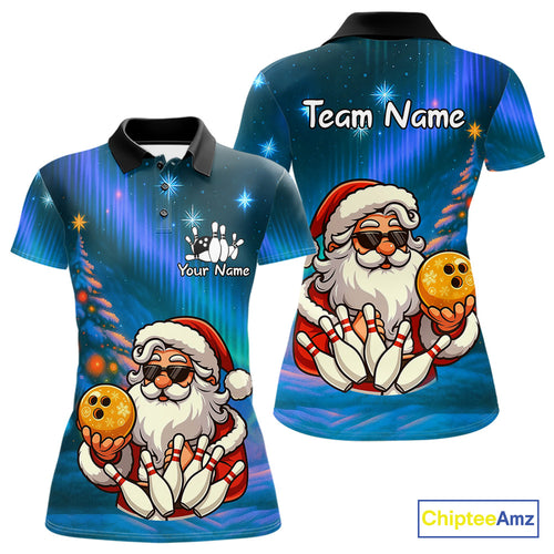 Funny Santa Christmas Bowling Shirts For Women Custom Blue Christmas Night Bowling Team Jersey NQS11010