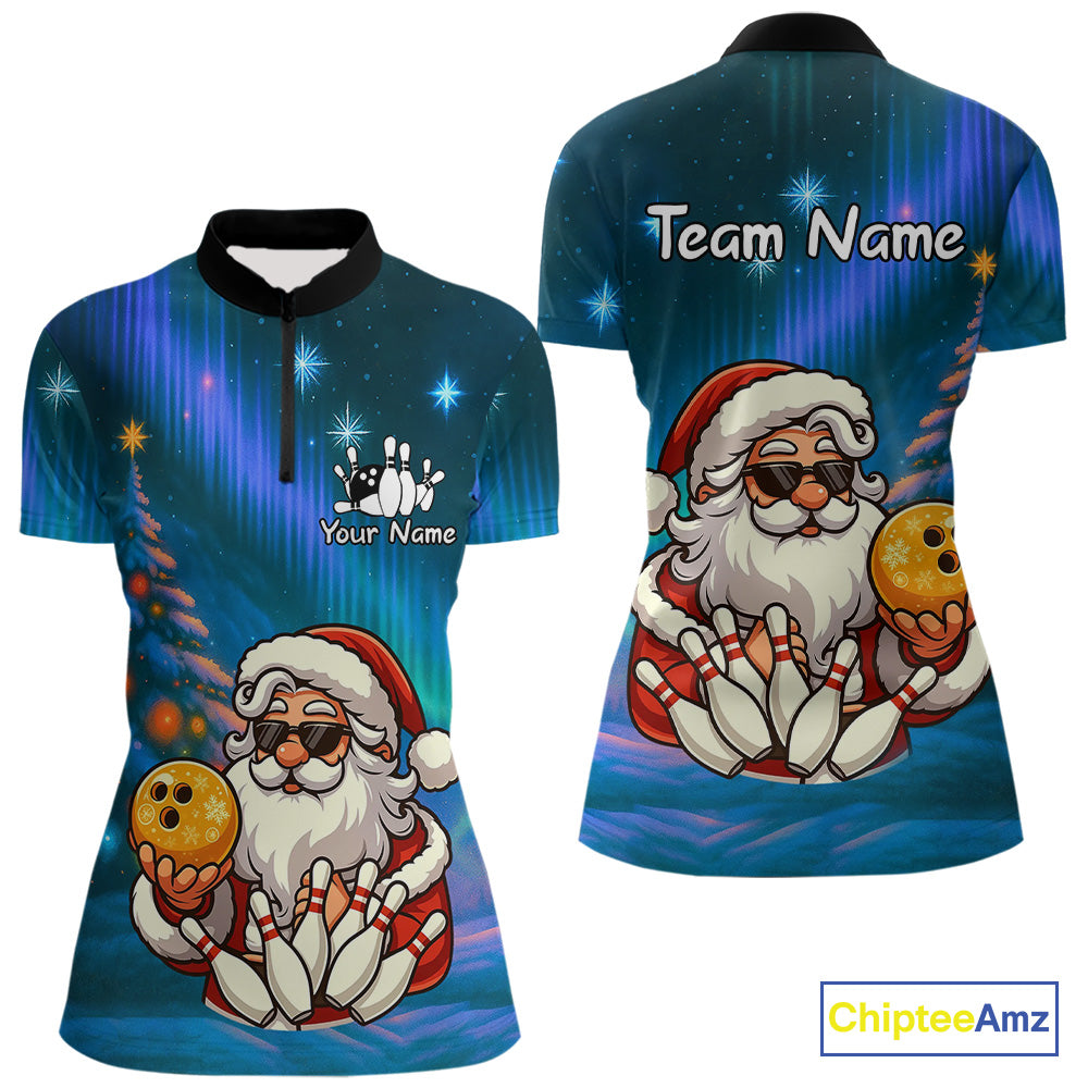 Funny Santa Christmas Bowling Shirts For Women Custom Blue Christmas Night Bowling Team Jersey NQS11010