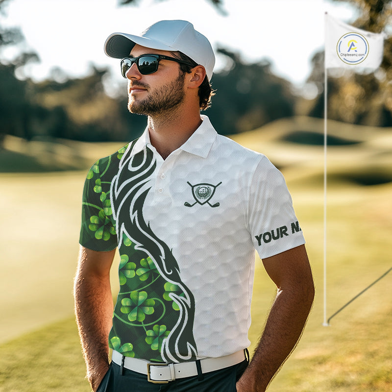 Custom White and Green shamrock pattern Golf Polo Shirts For Men, St Patrick's day team mens golf top NQS11208