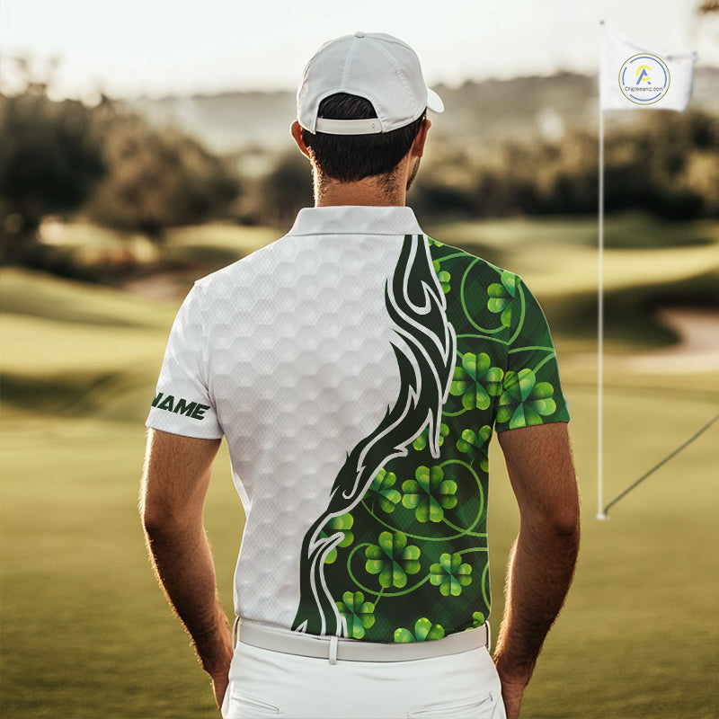 Custom White and Green shamrock pattern Golf Polo Shirts For Men, St Patrick's day team mens golf top NQS11208