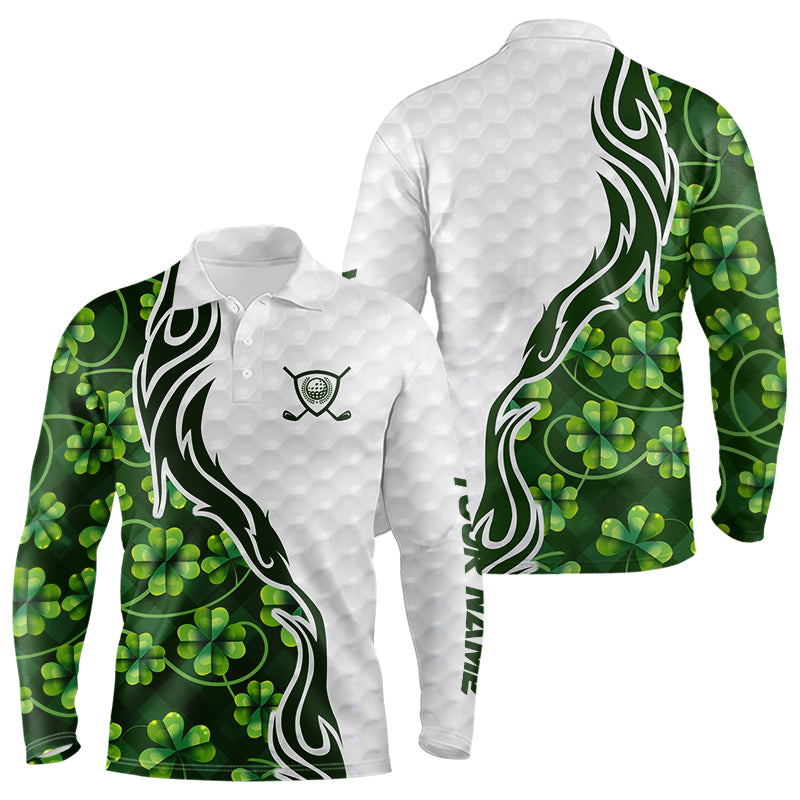 Custom White and Green shamrock pattern Golf Polo Shirts For Men, St Patrick's day team mens golf top NQS11208