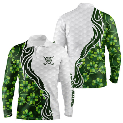 Custom White and Green shamrock pattern Golf Polo Shirts For Men, St Patrick's day team mens golf top NQS11208