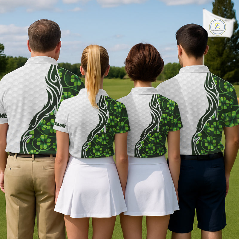 Custom White and Green shamrock pattern Golf Polo Shirts For Men, St Patrick's day team mens golf top NQS11208