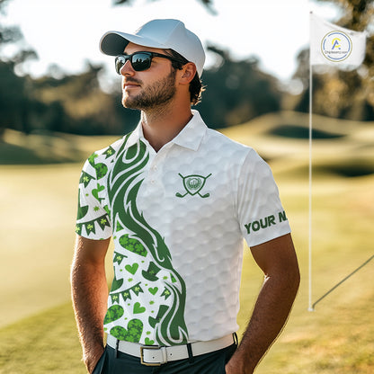 Custom White and Green St Patrick's day pattern Golf Polo Shirts For Men, team mens golf outfit NQS11209