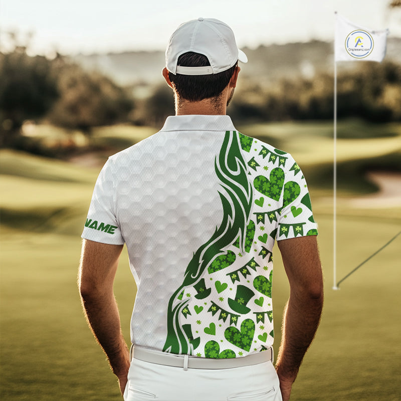 Custom White and Green St Patrick's day pattern Golf Polo Shirts For Men, team mens golf outfit NQS11209