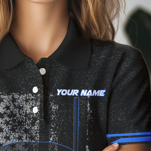 Black & White grunge American Flag Skull Women golf polo shirts custom golf attire for ladies | Blue NQS9344