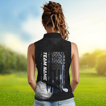 Load image into Gallery viewer, Black &amp; White grunge American Flag Skull Women sleeveless polos custom golf attire for ladies | Blue NQS9344