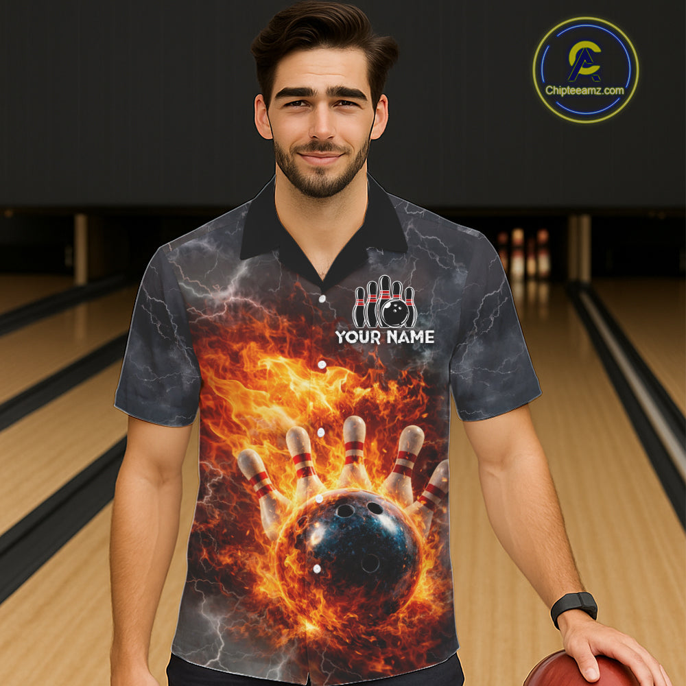 Custom Orange Flame Lightning Thunder Bowling Button-up shirt, bowling team jerseys gift for bowlers NQS11618