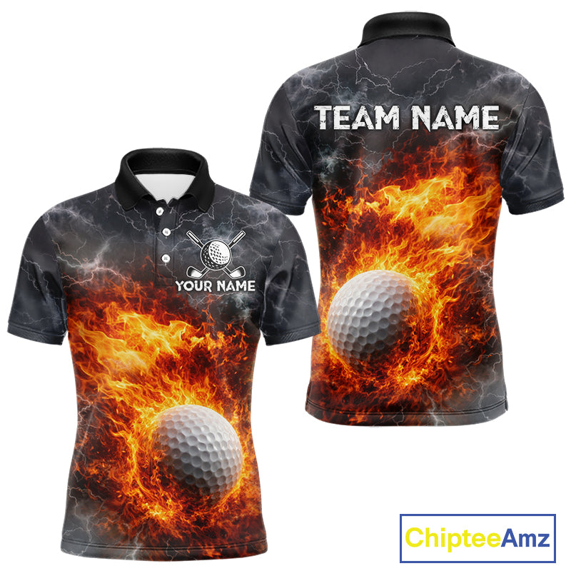 Custom Orange Flame Lightning Thunder Mens Golf Polo Shirt, Golf attire For Men Golfing Gifts NQS11619
