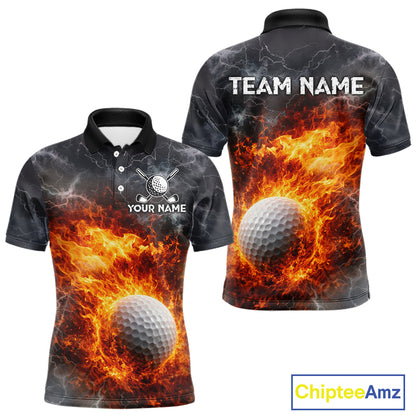 Custom Orange Flame Lightning Thunder Mens Golf Polo Shirt, Golf attire For Men Golfing Gifts NQS11619